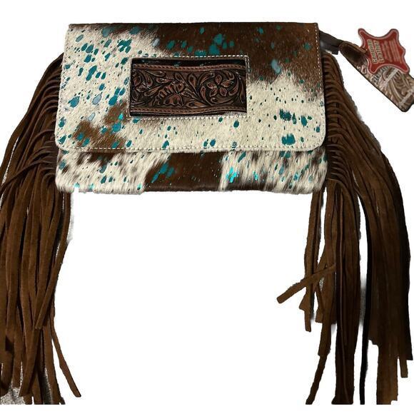 American Darling Clutch Hand Tooled Hair-On Genuine Leather Women Acid NWT Fring - Picture 1 of 7